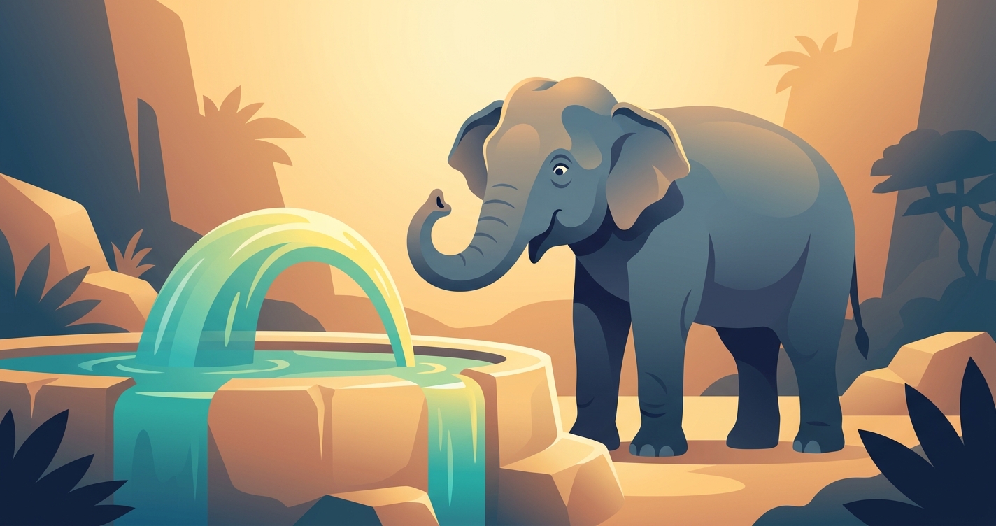 A single Asian elephant standing back from a wide stone basin overflowing on its own, water welling up from within and spilling over the rim in a clean arc, head tilted and ears forward in open confusion, trunk curled up questioningly, watching the overflow it did not cause and does not understand. Flat vector illustration.
