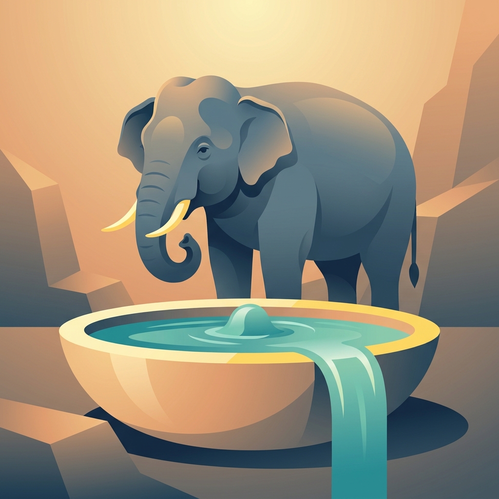A single Asian elephant standing back from a wide stone basin overflowing on its own, water welling up from within and spilling over the rim in a clean arc, head tilted and ears forward in open confusion, trunk curled up questioningly, watching the overflow it did not cause and does not understand. Flat vector illustration.